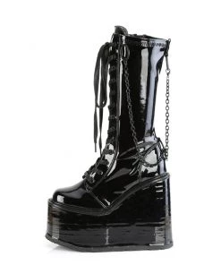 Pleasers Shoes Demonia Swing Patent Black Chain Knee-High Boots