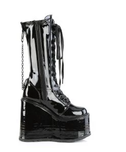 Pleasers Shoes Demonia Swing Patent Black Chain Knee-High Boots
