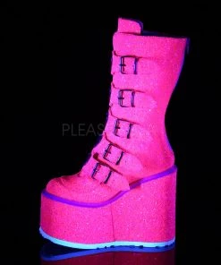 Pleasers Demonia Pink Glitter Platform Mid-Calf Boots Shoes