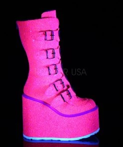 Pleasers Demonia Pink Glitter Platform Mid-Calf Boots Shoes