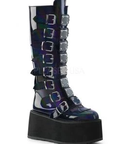 Pleasers Demonia Black Holographic Buckled Knee High Platform Boots