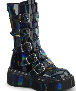 Pleasers Shoes Demonia Emily Holo Black Heart-Buckle Boots