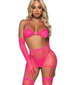 Leg Avenue Hot Pink Starlight Sparkle 5pc Fishnet Set