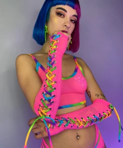 J. Valentine Over The Rainbow Lace Up Mesh Gloves