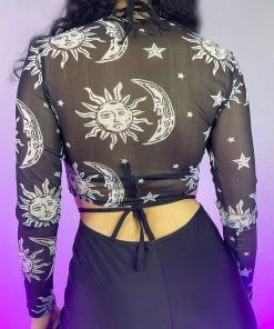 AE Astrology Mesh Sheer Long Sleeve Top New