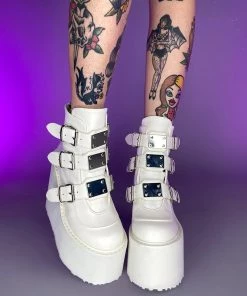 Pleasers Shoes Demonia Swing White Platform With Chrome Plates