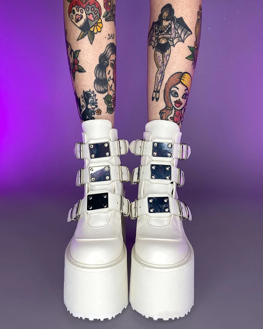 Pleasers Shoes Demonia Swing White Platform With Chrome Plates 2 Pleasers Shoes Demonia Swing White Platform With Chrome Plates