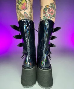 Pleasers Shoes Demonia Black Holographic Studded Mid-Calf Platform Boots