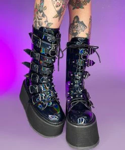 Pleasers Shoes Demonia Black Holographic Studded Mid-Calf Platform Boots