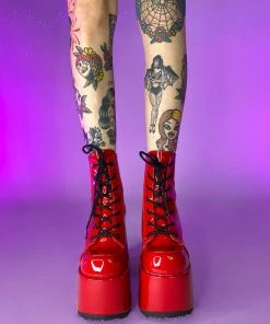 Pleasers Demonia Red Patent Chunky Lace-Up Boots Shoes