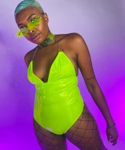 OhYes Fashion Neon Yellow Urban Nights Vinyl And Chain Bodysuit Womens 3 OhYes Fashion Neon Yellow Urban Nights Vinyl And Chain Bodysuit Womens