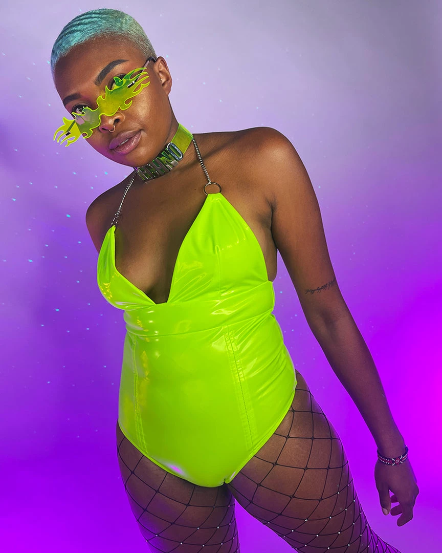 OhYes Fashion Neon Yellow Urban Nights Vinyl And Chain Bodysuit Womens 2 OhYes Fashion Neon Yellow Urban Nights Vinyl And Chain Bodysuit Womens