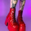 Pleasers Demonia Red Patent Chunky Lace-Up Boots Shoes