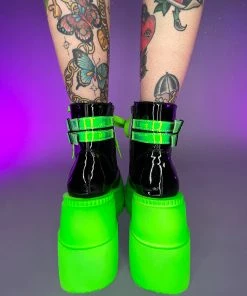 Pleasers Shoes Demonia Neon Green Wedge Platform Lace-Up Front Ankle Boot 5 Pleasers Shoes Demonia Neon Green Wedge Platform Lace-Up Front Ankle Boot