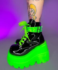 Pleasers Shoes Demonia Neon Green Wedge Platform Lace-Up Front Ankle Boot
