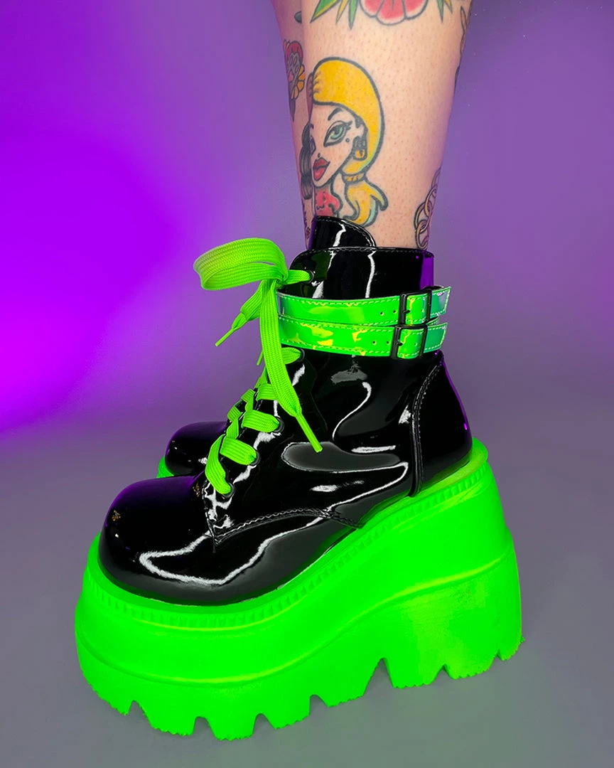 Pleasers Shoes Demonia Neon Green Wedge Platform Lace-Up Front Ankle Boot 1 Pleasers Shoes Demonia Neon Green Wedge Platform Lace-Up Front Ankle Boot