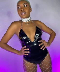 OhYes Fashion Black Urban Nights Vinyl And Chain Bodysuit