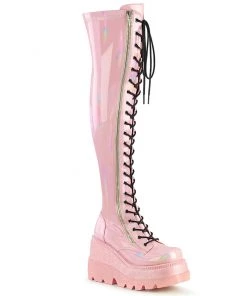 Pleasers Demonia Shaker Pink Lace-Up Thigh High Boots