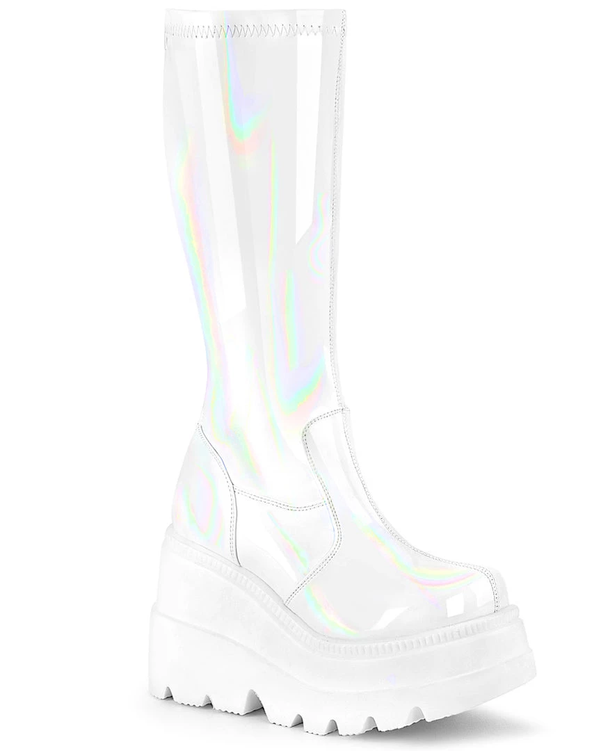 Pleasers Demonia Shaker White Holo Knee High Boots Shoes 4 Pleasers Demonia Shaker White Holo Knee High Boots Shoes