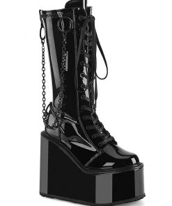 Pleasers Shoes Demonia Swing Patent Black Chain Knee-High Boots