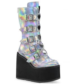 Pleasers Acid Jungle Demonia Silver Hologram Platform Mid-Calf Boots